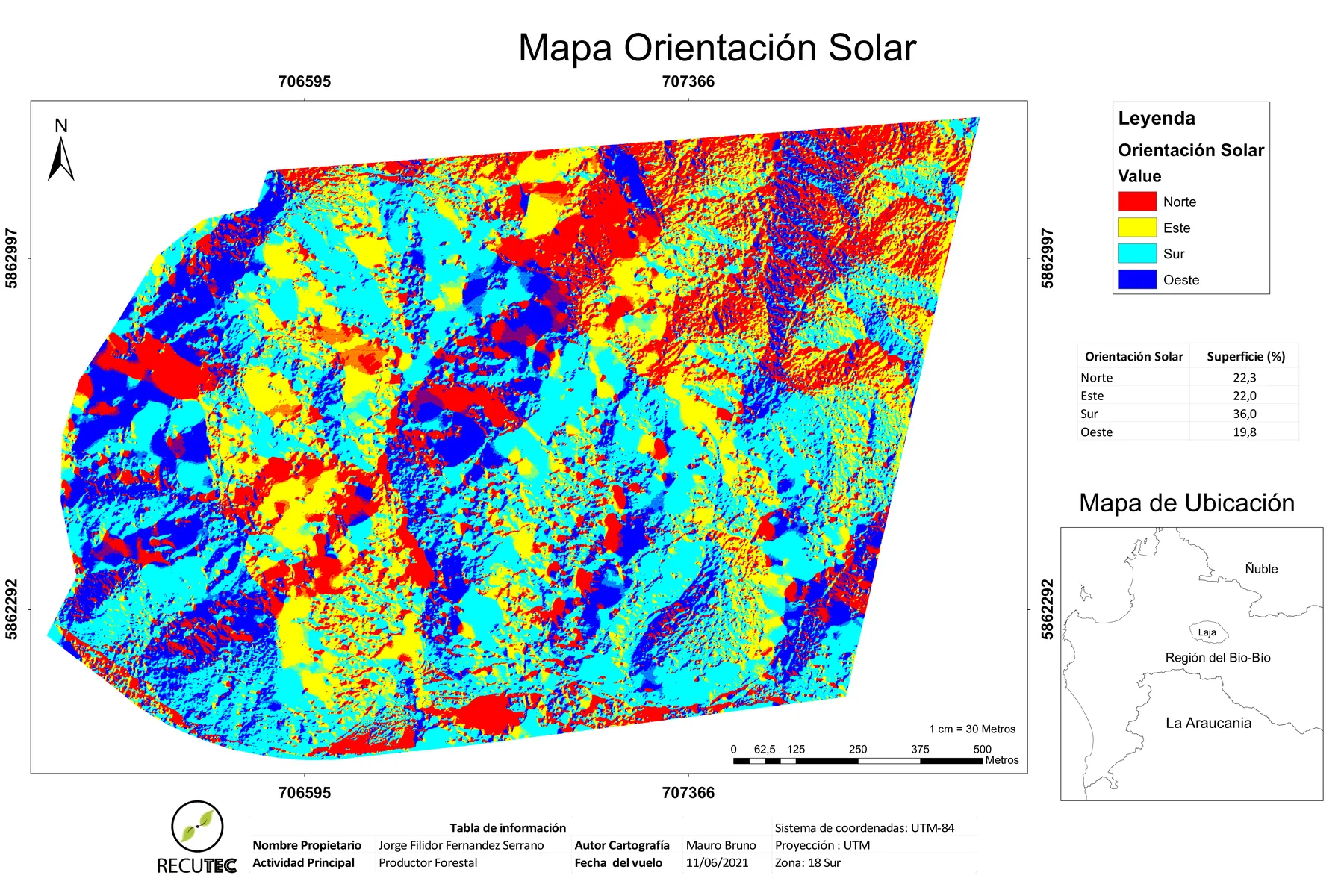 Mapa de orientación solar de laderas de un predio, norte sur este y oeste