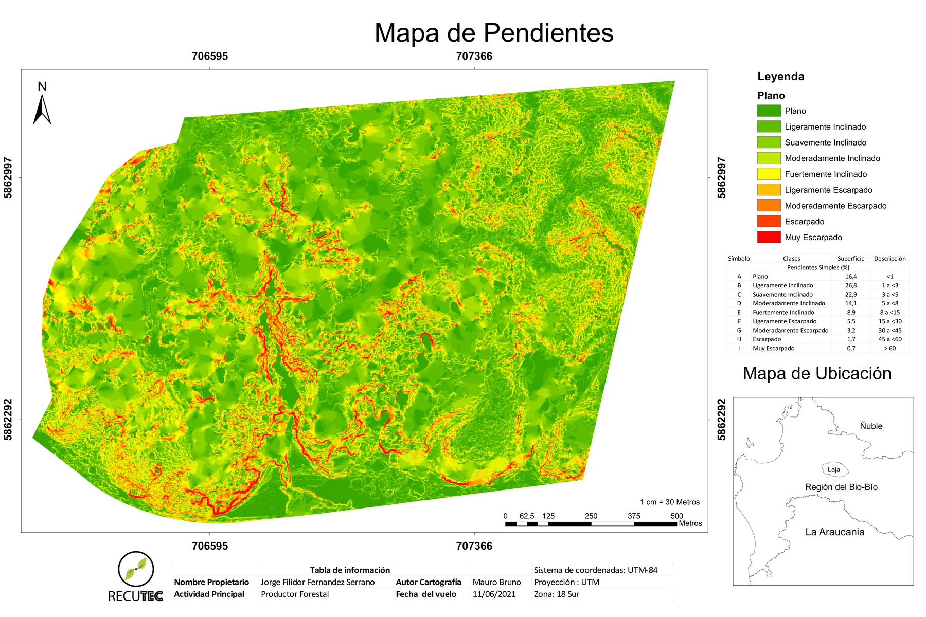 Mapa de clasificación de pendientes de un predio forestal, de plano a muy escarpado