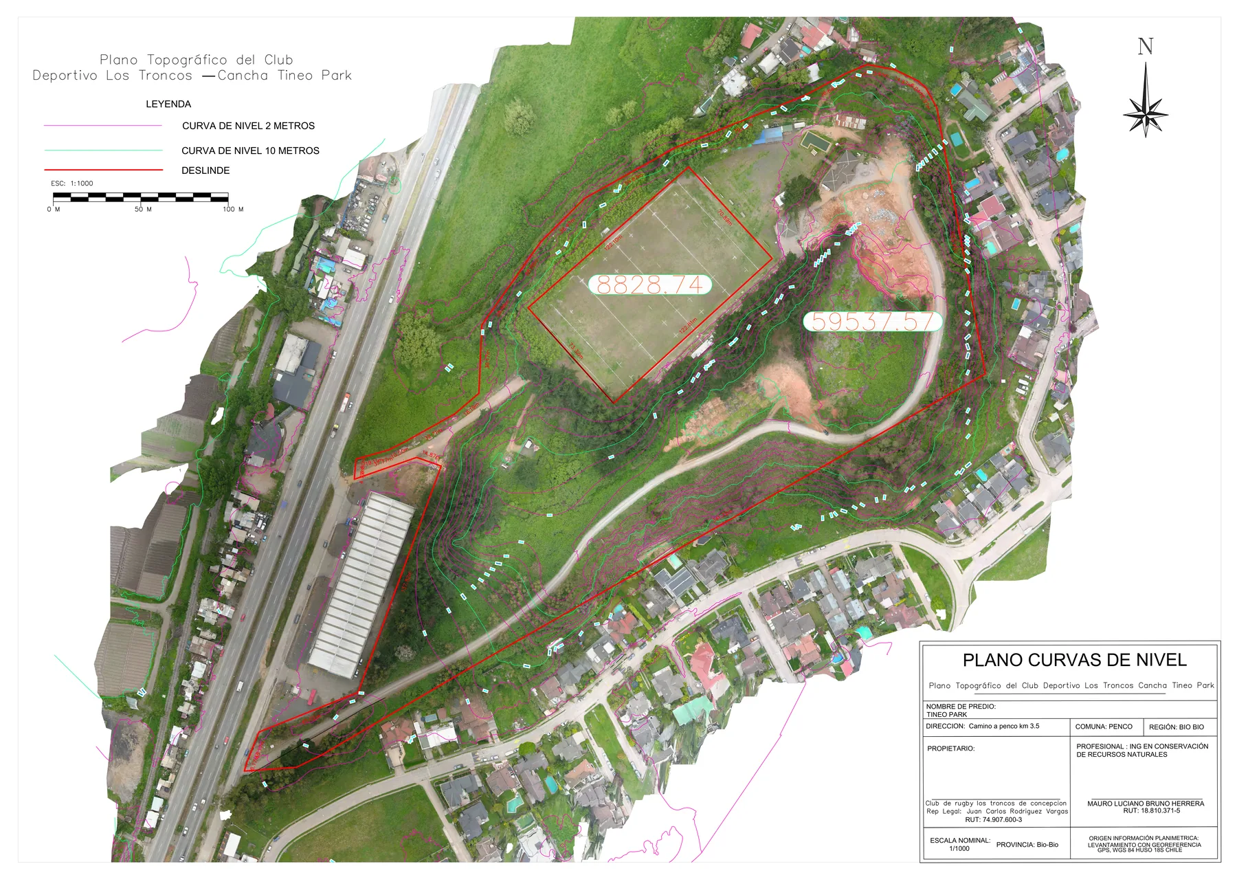 Plano topográfico con curvas de nivel y deslindes sobre ortofoto del Club Deportivo Los Troncos, Cancha Tineo Park