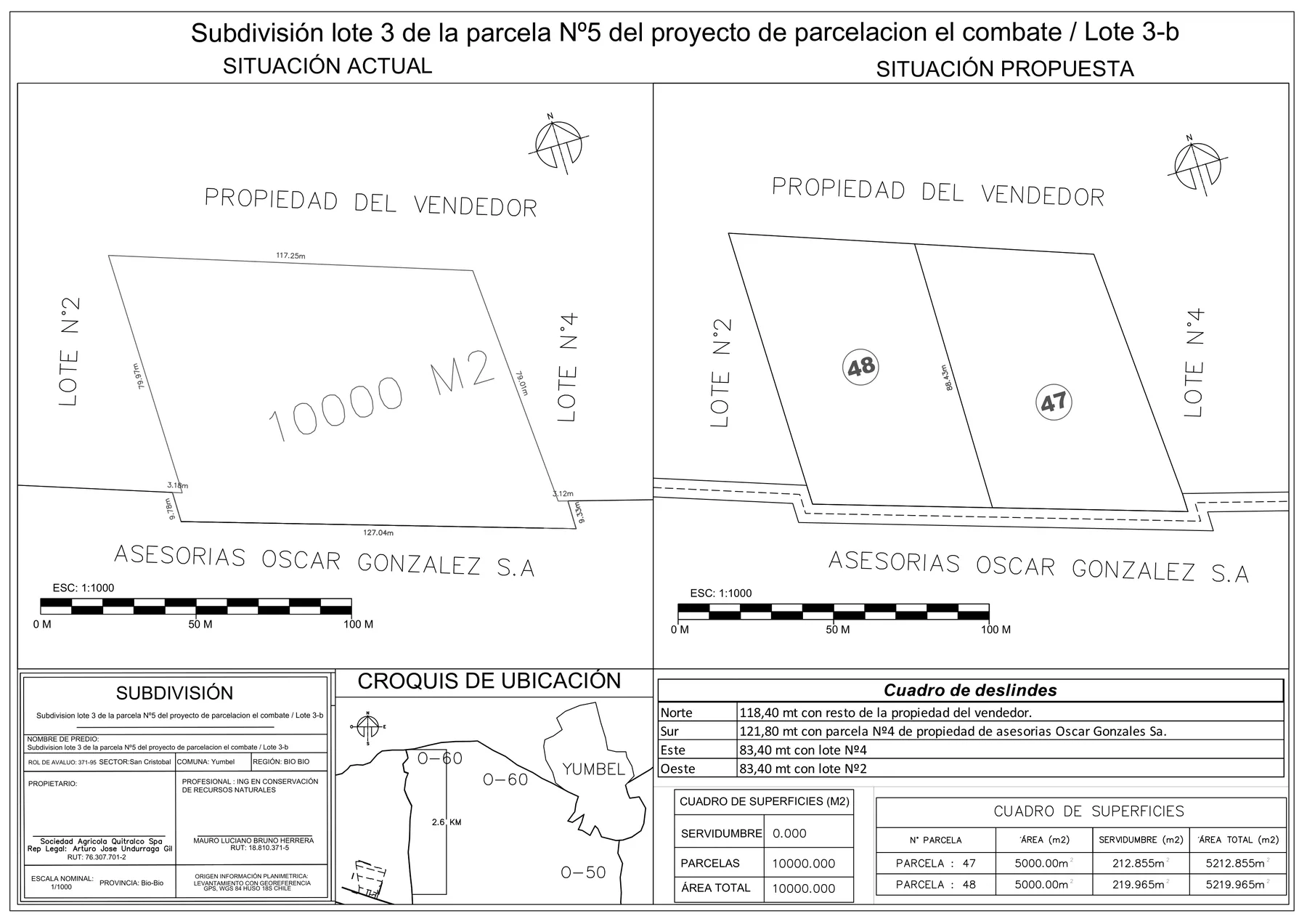 Plano de subdivisión del lote 3 de la parcela N°5, proyecto El Combate, en dos parcelas de 5.000 m2